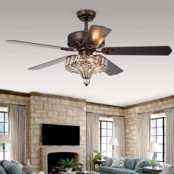 Pilette 52 in. Antique Speckled Bronze Crystal Shade Ceiling Fan with Light Kit and Remote Control by Warehouse of Tiffany