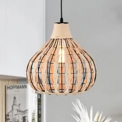 Zilpah 12 in. 1-Light Indoor Matte Black and Woven Rattan Finish Pendant with Light Kit by Warehouse of Tiffany