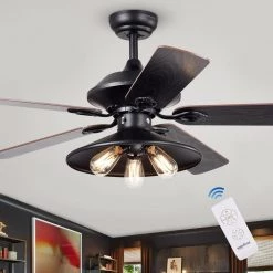 Upille 52 in. Matte Black Remote Controlled Ceiling Fan with Light Kit by Warehouse of Tiffany -Warehouse of Tiffany Shop black warehouse of tiffany ceiling fans with lights cfl 8308remo bl 31 1000