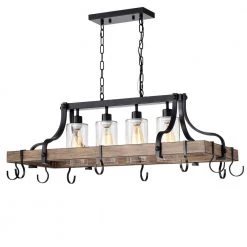 Blakes 4-Light Black Metal Faux-Wood Kitchen Island Chandelier by Warehouse of Tiffany