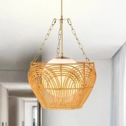 Caddie 15 Inch Opaque Glass Shade Rattan Woven Pendant 1-Light by Warehouse of Tiffany