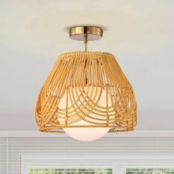 Lada 13 in. Natural Rattan Semi Flush Mount 1-Light by Warehouse of Tiffany