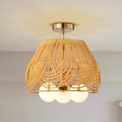 Lucilla 15 in. Natural Rattan Semi Flush Mount 3-Light by Warehouse of Tiffany