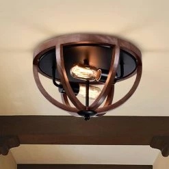 Fanalla 13 in. 2-Light Indoor Brown Faux Wood Grain Flush Mount with Light Kit by Warehouse of Tiffany