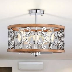 Sanne 18 in. 3-Light Chrome and Faux Wood Grain Semi-Flush Mount by Warehouse of Tiffany