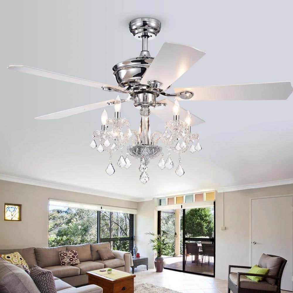 Havorand III 52 in. Indoor Chrome Remote Ceiling Fan with Light Kit and Crystal Branched Chandelier by Warehouse of Tiffany 4 Havorand III 52 in. Indoor Chrome Remote Ceiling Fan with Light Kit and Crystal Branched Chandelier by Warehouse of Tiffany - Image 2