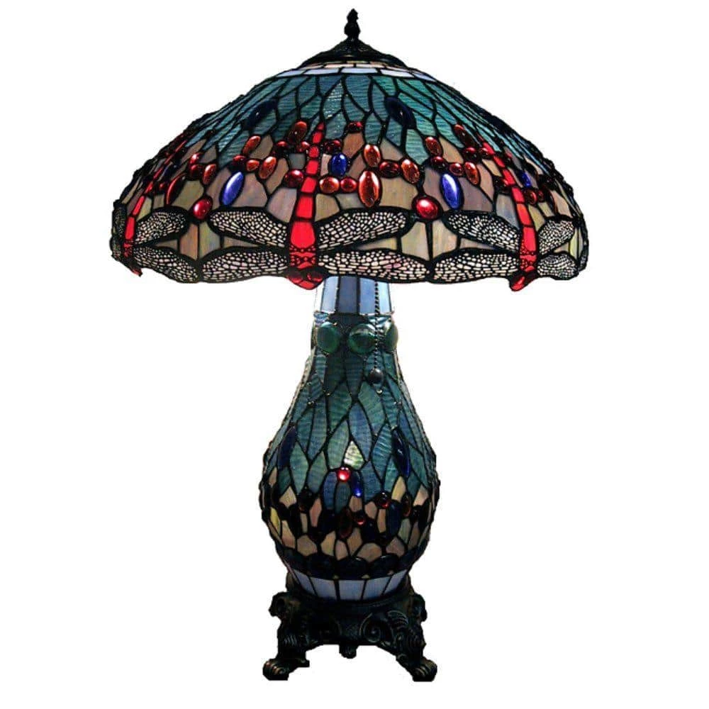 Dragonfly 26 in. Antique Brass Table Lamp with Stained Glass by Warehouse of Tiffany 2 Dragonfly 26 in. Antique Brass Table Lamp with Stained Glass by Warehouse of Tiffany