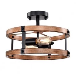 Deyan 14 in. Drum Shape Imitation Wood Semi Flush Mount 2-Light by Warehouse of Tiffany 14 Deyan 14 in. Drum Shape Imitation Wood Semi Flush Mount 2-Light by Warehouse of Tiffany -Warehouse of Tiffany Shop matte black and faux wood grain warehouse of tiffany flush mount lights cd036 2 4f 1000