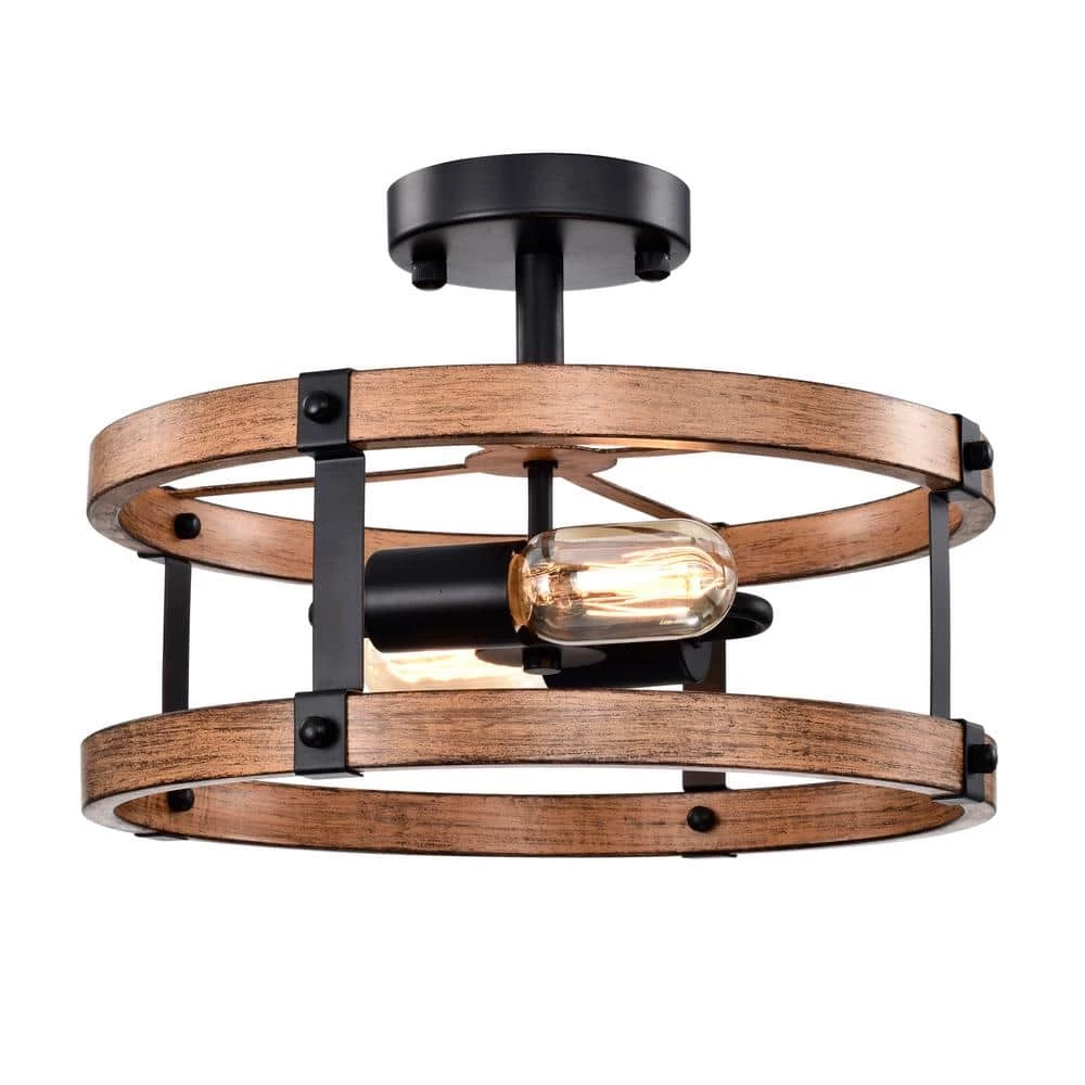 Deyan 14 in. Drum Shape Imitation Wood Semi Flush Mount 2-Light by Warehouse of Tiffany 7 Deyan 14 in. Drum Shape Imitation Wood Semi Flush Mount 2-Light by Warehouse of Tiffany - Image 5