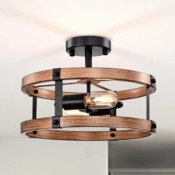 Deyan 14 in. Drum Shape Imitation Wood Semi Flush Mount 2-Light by Warehouse of Tiffany