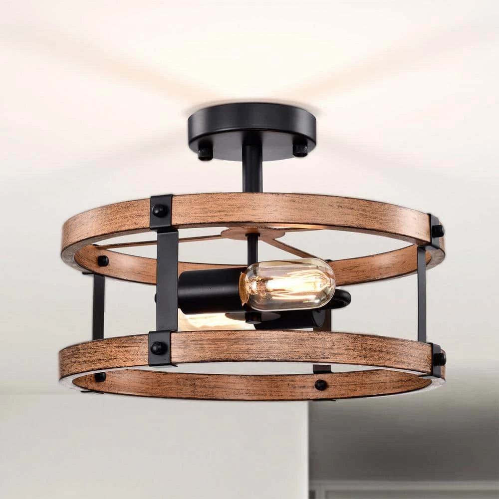 Deyan 14 in. Drum Shape Imitation Wood Semi Flush Mount 2-Light by Warehouse of Tiffany 3 Deyan 14 in. Drum Shape Imitation Wood Semi Flush Mount 2-Light by Warehouse of Tiffany