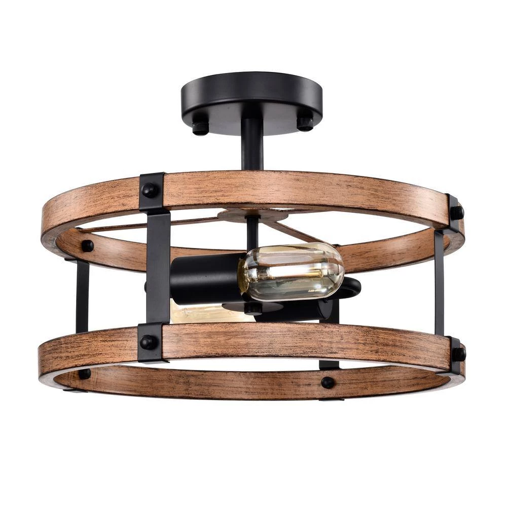Deyan 14 in. Drum Shape Imitation Wood Semi Flush Mount 2-Light by Warehouse of Tiffany 6 Deyan 14 in. Drum Shape Imitation Wood Semi Flush Mount 2-Light by Warehouse of Tiffany - Image 4