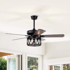Jescha 52 in. 2-Light Indoor Matte Black Ceiling Fan with Light Kit and Remote by Warehouse of Tiffany -Warehouse of Tiffany Shop matte black warehouse of tiffany ceiling fans with lights al02p01mb c3 1000