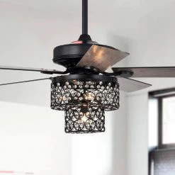 Hasna 52 in. 4-Light Indoor Matte Black Ceiling Fan with Light Kit and Remote by Warehouse of Tiffany -Warehouse of Tiffany Shop matte black warehouse of tiffany ceiling fans with lights al03p01mb 4f 1000