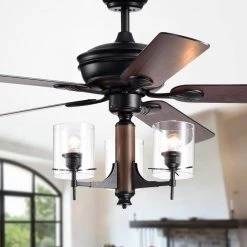 Saranac 5-Blade 52 in. Forged Black Lighted Ceiling Fans with Clear Pillar Glass Lamps Remote Controlled by Warehouse of Tiffany -Warehouse of Tiffany Shop matte black warehouse of tiffany ceiling fans with lights cfl8341remo 4f 1000