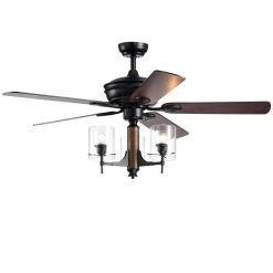 Saranac 5-Blade 52 in. Forged Black Lighted Ceiling Fans with Clear Pillar Glass Lamps Remote Controlled by Warehouse of Tiffany
