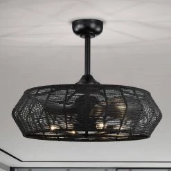 Lauritz 28 in. 6-Light Indoor Matte Black and Black Rattan Finish Ceiling Fan with Light Kit by Warehouse of Tiffany