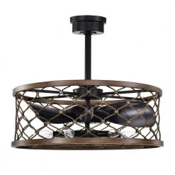 Deniz 24 in. 6-Light Indoor Matte Black and Faux Wood Grain Finish Ceiling Fan with Light Kit by Warehouse of Tiffany -Warehouse of Tiffany Shop matte black warehouse of tiffany ceiling fans with lights dy10y10wb 1f 1000