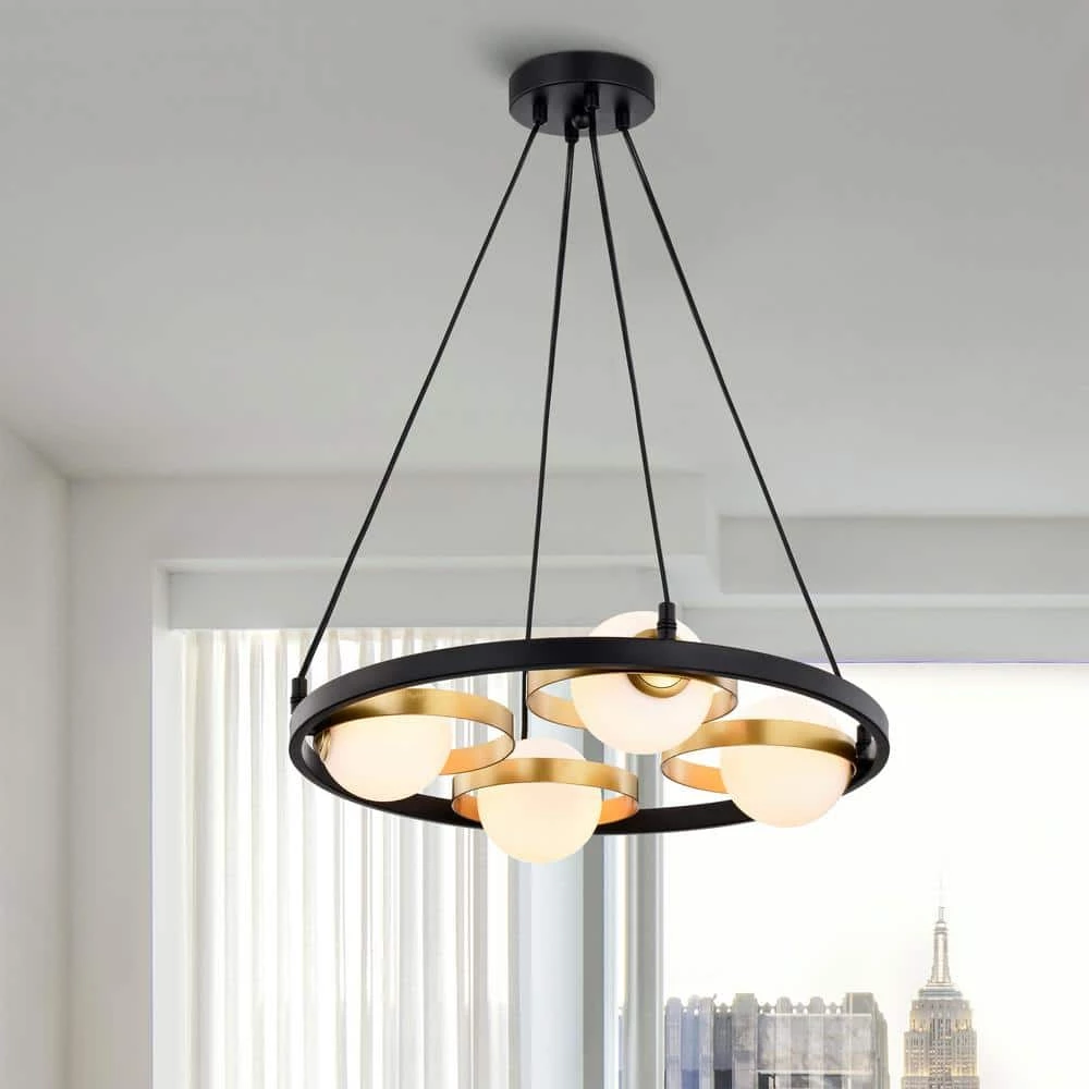 Pomponia 18 in. 4-Light Indoor Matte Black and Satin Gold Semi-Flush Mount Chandelier with Light Kit by Warehouse of Tiffany 6 Pomponia 18 in. 4-Light Indoor Matte Black and Satin Gold Semi-Flush Mount Chandelier with Light Kit by Warehouse of Tiffany - Image 4