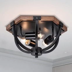 Fiona 12 in. 3-Light Indoor Matte Black and Faux Wood Grain Finish Flush Mount with Light Kit by Warehouse of Tiffany