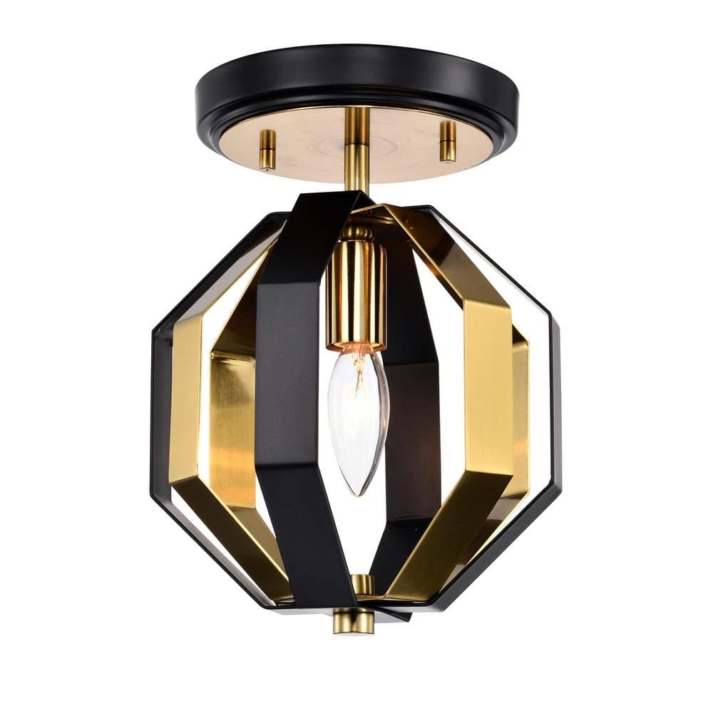 Felicia 8 in. 1-Light Indoor Matte Black and Gold Semi-Flush Mount Ceiling Light with Light Kit and Remote by Warehouse of Tiffany 8 Felicia 8 in. 1-Light Indoor Matte Black and Gold Semi-Flush Mount Ceiling Light with Light Kit and Remote by Warehouse of Tiffany - Image 6