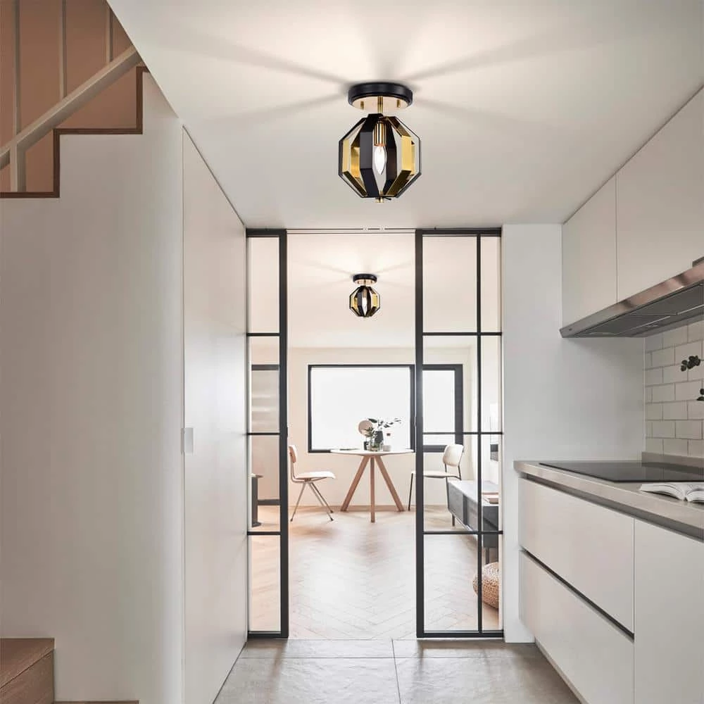 Felicia 8 in. 1-Light Indoor Matte Black and Gold Semi-Flush Mount Ceiling Light with Light Kit and Remote by Warehouse of Tiffany 11 Felicia 8 in. 1-Light Indoor Matte Black and Gold Semi-Flush Mount Ceiling Light with Light Kit and Remote by Warehouse of Tiffany - Image 9