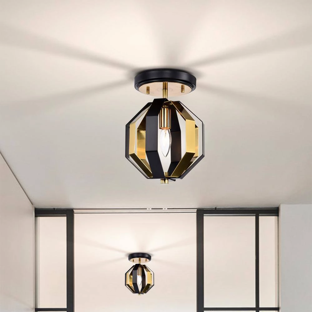 Felicia 8 in. 1-Light Indoor Matte Black and Gold Semi-Flush Mount Ceiling Light with Light Kit and Remote by Warehouse of Tiffany 6 Felicia 8 in. 1-Light Indoor Matte Black and Gold Semi-Flush Mount Ceiling Light with Light Kit and Remote by Warehouse of Tiffany - Image 4