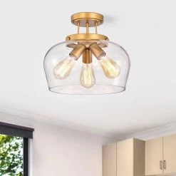 Sadie 12 in. 3-Light Indoor Matte Gold Semi-Flush Mount Light with Light Kit by Warehouse of Tiffany -Warehouse of Tiffany Shop matte gold warehouse of tiffany flush mount lights cm238 3mg 1f 1000