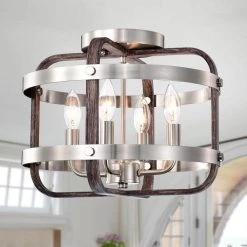 Kasia 14 in. 4-Light Indoor Satin Silver and Faux Wood Grain Finish Flush Mount with Light Kit by Warehouse of Tiffany